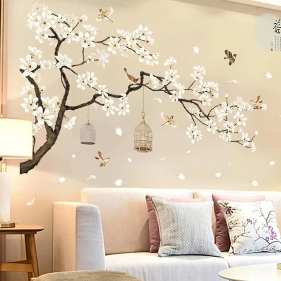 White Cherry Blossom Tree Wall Stickers, 50x74 Inch Removable 3D Wall Art Decals for Bedroom Living Room Nursery Decor