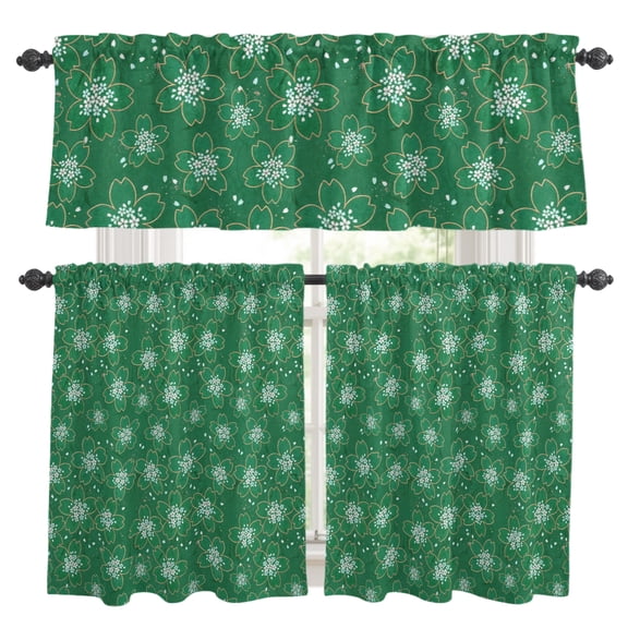 White Cherry Blossom Window Curtains Valance Set of 3 Japanese Style Floral Mint Green Rod Pocket Small Kitchen Curtain, Soft Window Treatment for Bedroom Party Holiday Decor