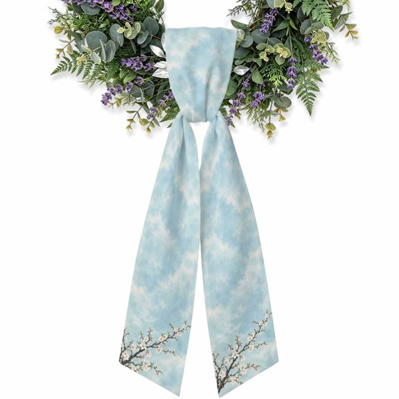 White Cherry Blossom Wreath Sash for Front Door, Spring Flowering Branch Clouds Botanical Satin Wreath Ribbon Bow Accessory Garland Home Decor for Doorway Porch Yard 4.5x56