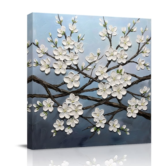 White Cherry Blossoms Canvas Wall Art for Living Room, Oil Strokes Rustic Poster Print Painting for Bedroom Office Home Decoration Wall Pictures Prepare To Hang 12"x12"