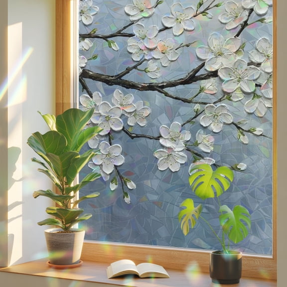 White Cherry Blossoms Window Privacy Film, Floral Branch Oil Strokes Rustic Static Cling Stained Glass Window Sticker Decorative Removable Rainbow Film for Glass 17.7”x39.3”