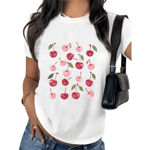 White Cherry Pattern Print Tshirt Graphic Tees Shirts Sweet Casual Style S-5XL Tops