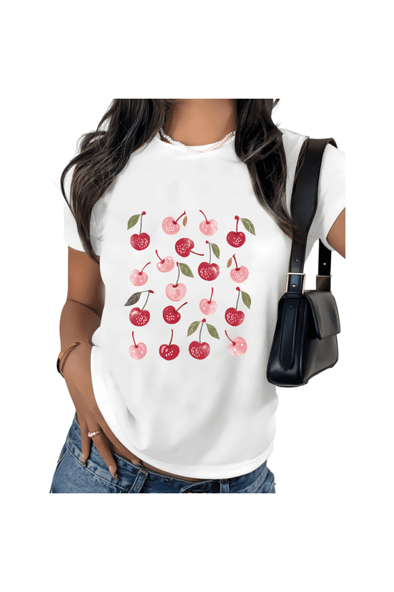 White Cherry Pattern Print Tshirt Graphic Tees Shirts Sweet Casual Style S-5XL Tops