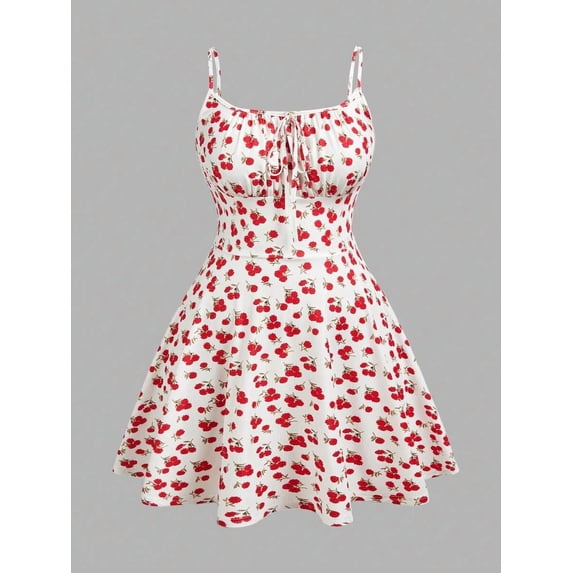 White Cherry Print Fit & Flare Mini Dress With Spaghetti Straps And Tie Front