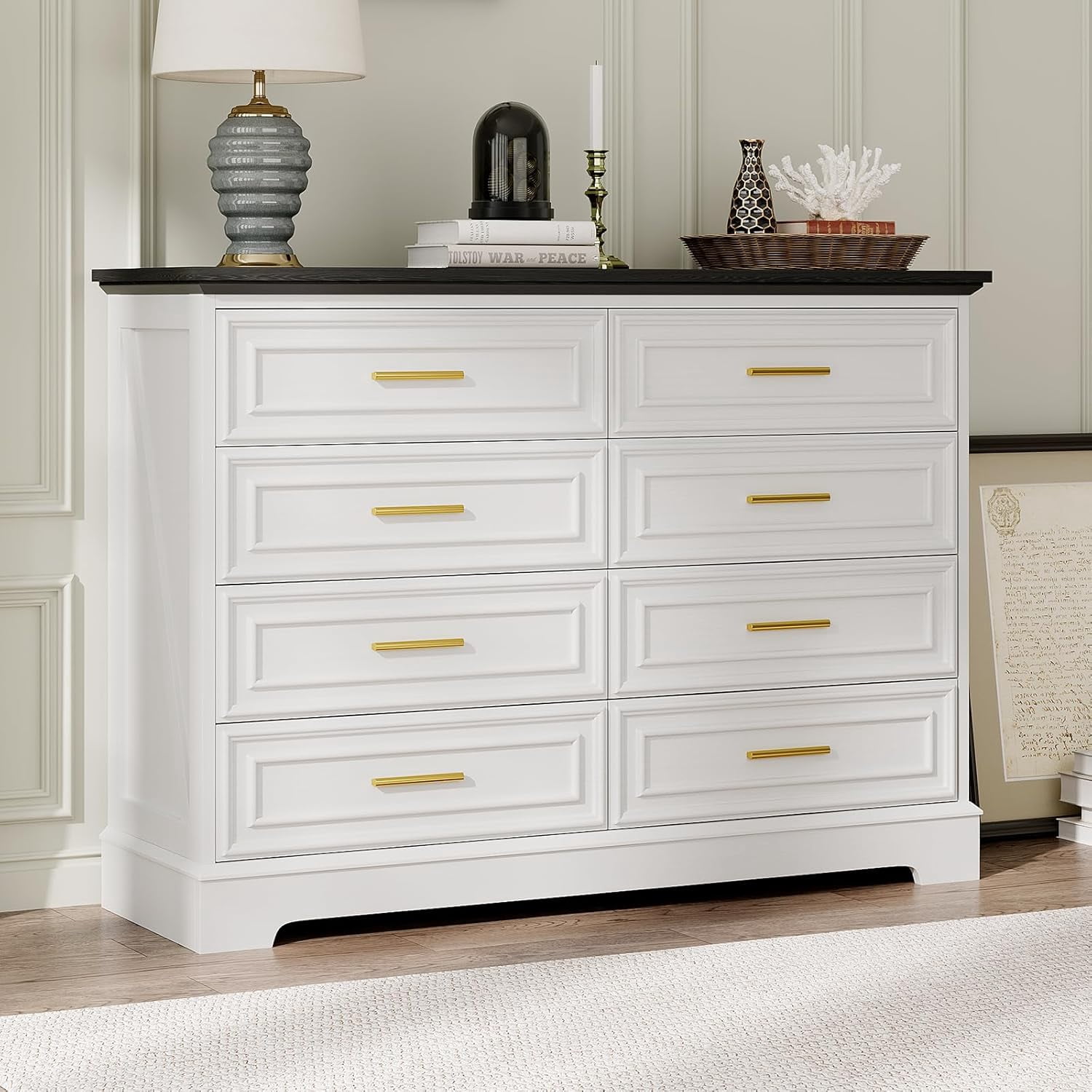 White Chest of Drawers for Bedroom, Farmhouse 8 Drawer Dresser with Gold  Metal Handle, 52" Long Wood Rustic Storage Drawers Organizer for Living ...