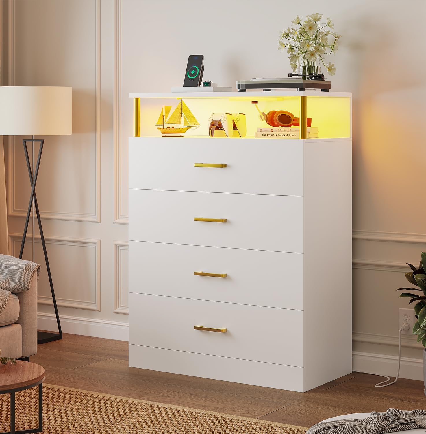 White Chest of Drawers Dresser for Bedroom with LED Lights&Charging
