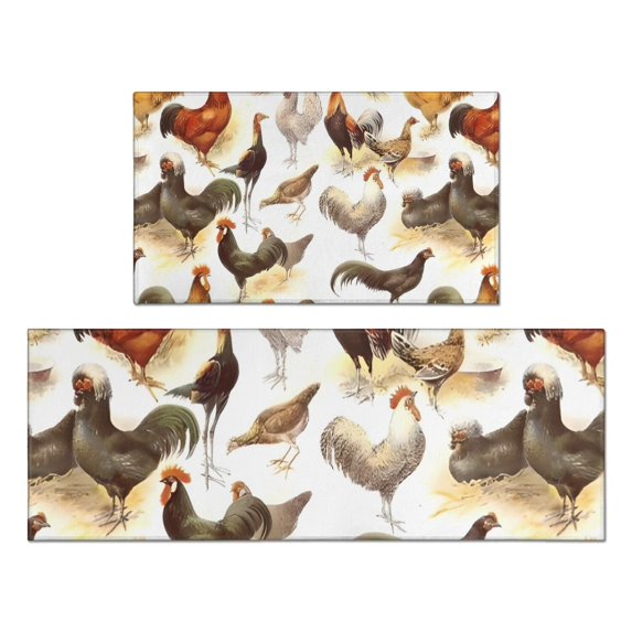 White Chicken Breed Pattern Kitchen Rugs Sets Of 2,Anti Fatigue Kitchen Mat Rugs Non Slip Washable,Decorative Kitchen Floor Mats for Kitchen,Sink,Laundry,17"x30"+17"x47"