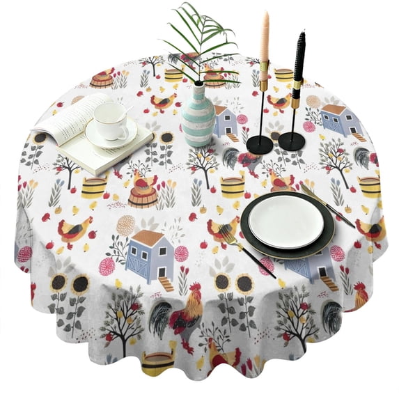 White Chicken Farm Pattern Round Tablecloth 60"x60",Wrinkle Wipeable Table Cloth for Kitchen Dining Room Picnic Patio Party