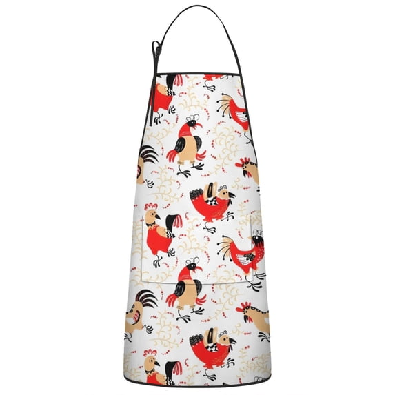 White Chicken Folk Pattern Apron-Garden Aprons for Women with Pockets-Cotton Linen Waterproof Kitchen Cooking Gardening Aprons Adjustable for Kitchen,Cooking,BBQ and Salon 33x27 Inch