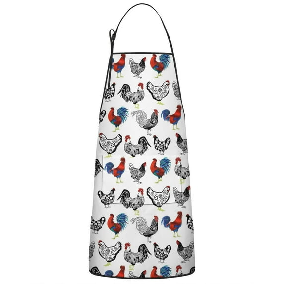 White Chicken Folk Pattern Apron-Garden Aprons for Women with Pockets-Cotton Linen Waterproof Kitchen Cooking Gardening Aprons Adjustable for Kitchen,Cooking,BBQ and Salon 33x27 Inch