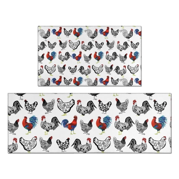 White Chicken Folk Pattern Kitchen Rugs Sets Of 2,Anti Fatigue Kitchen Mat Rugs Non Slip Washable,Decorative Kitchen Floor Mats for Kitchen,Sink,Laundry,17"x30"+17"x47"