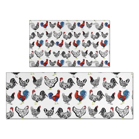 White Chicken Folk Pattern Kitchen Rugs Sets Of 2,Anti Fatigue Kitchen Mat Rugs Non Slip Washable,Decorative Kitchen Floor Mats for Kitchen,Sink,Laundry,17"x30"+17"x47"