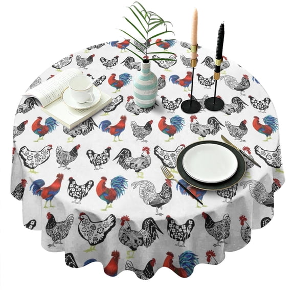 White Chicken Folk Pattern Round Tablecloth 60"x60",Wrinkle Wipeable Table Cloth for Kitchen Dining Room Picnic Patio Party