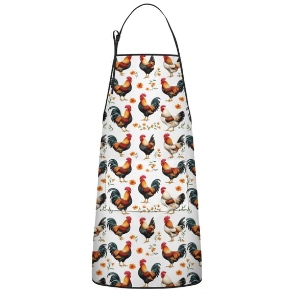 White Chicken Orange Flower Pattern Apron-Garden Aprons for Women with Pockets-Cotton Linen Waterproof Kitchen Cooking Gardening Aprons Adjustable for Kitchen,Cooking,BBQ and Salon 33x27 Inch