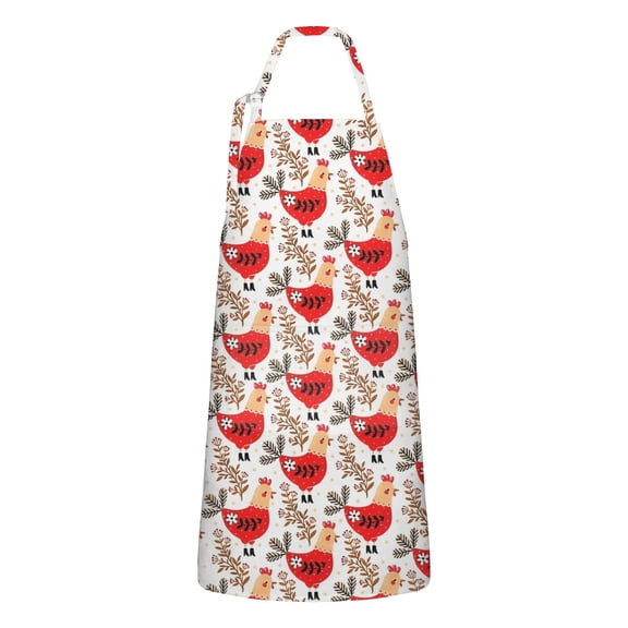 White Chicken Red Chicken Pattern Apron-Garden Aprons for Women with Pockets-Cotton Linen Waterproof Kitchen Cooking Gardening Aprons Adjustable for Kitchen,Cooking,BBQ and Salon 33x27 Inch