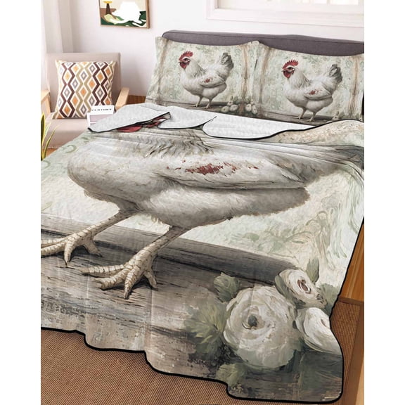 White Chicken Rustic King Size Down Alternative Comforter, Lightweight Comforter Quilt Bedding Set with Pillow Shams Vintage Floral Oil Painting All Seasons Bed Comforter Duvet Insert 96"x106"