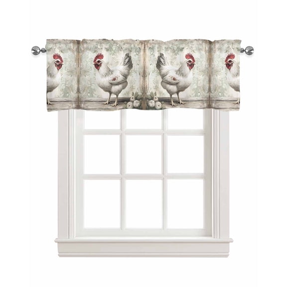 White Chicken Rustic Kitchen Valances for Windows Farmhouse Linen Window Valance Curtain for Living Room Window Treatment Vintage Floral Oil Painting Valance Rod Pocket Topper Drape, 42 x 12 Inch