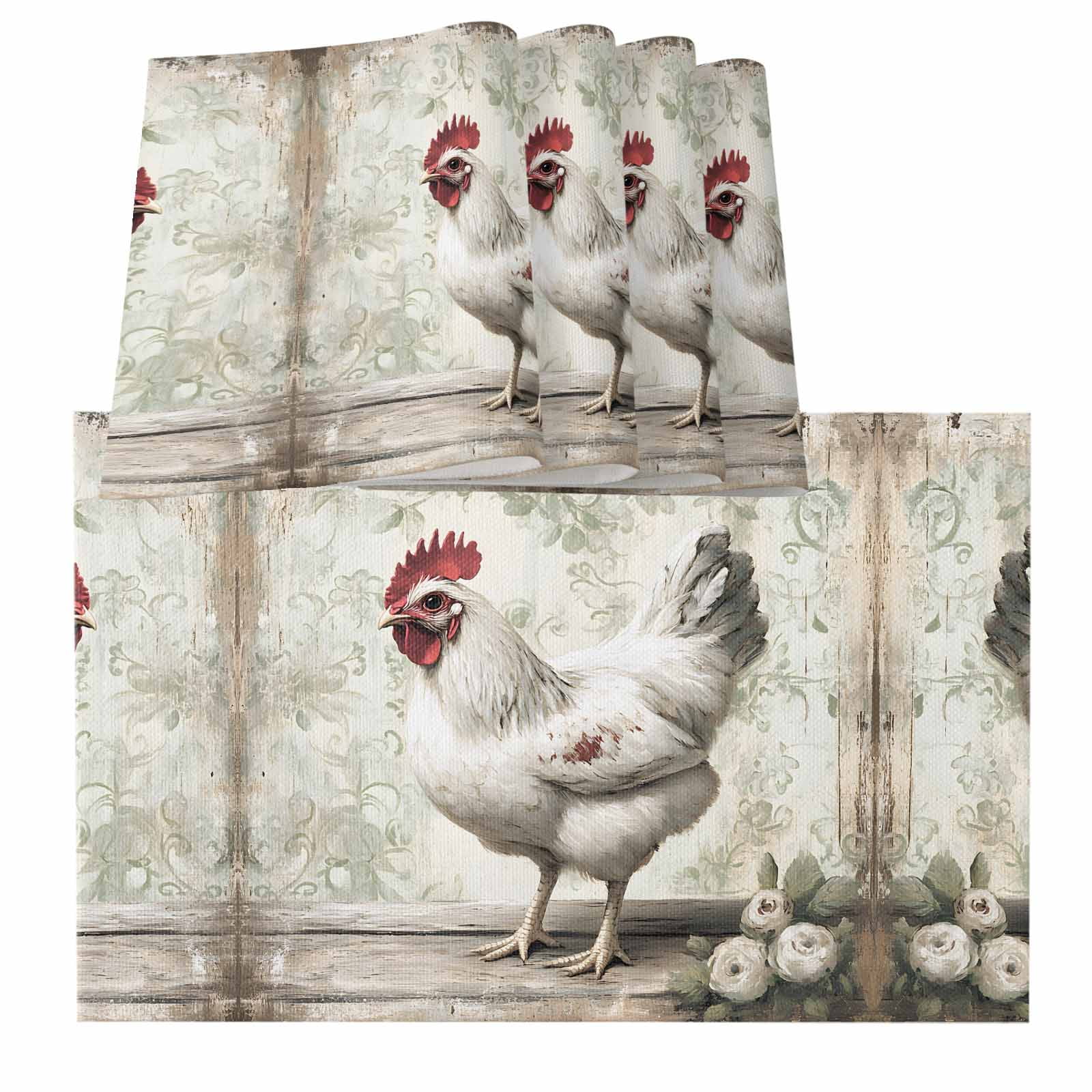 Chicken Mat White Chicken Rustic Placemats for Dinning Table Set of 4, Vintage ...