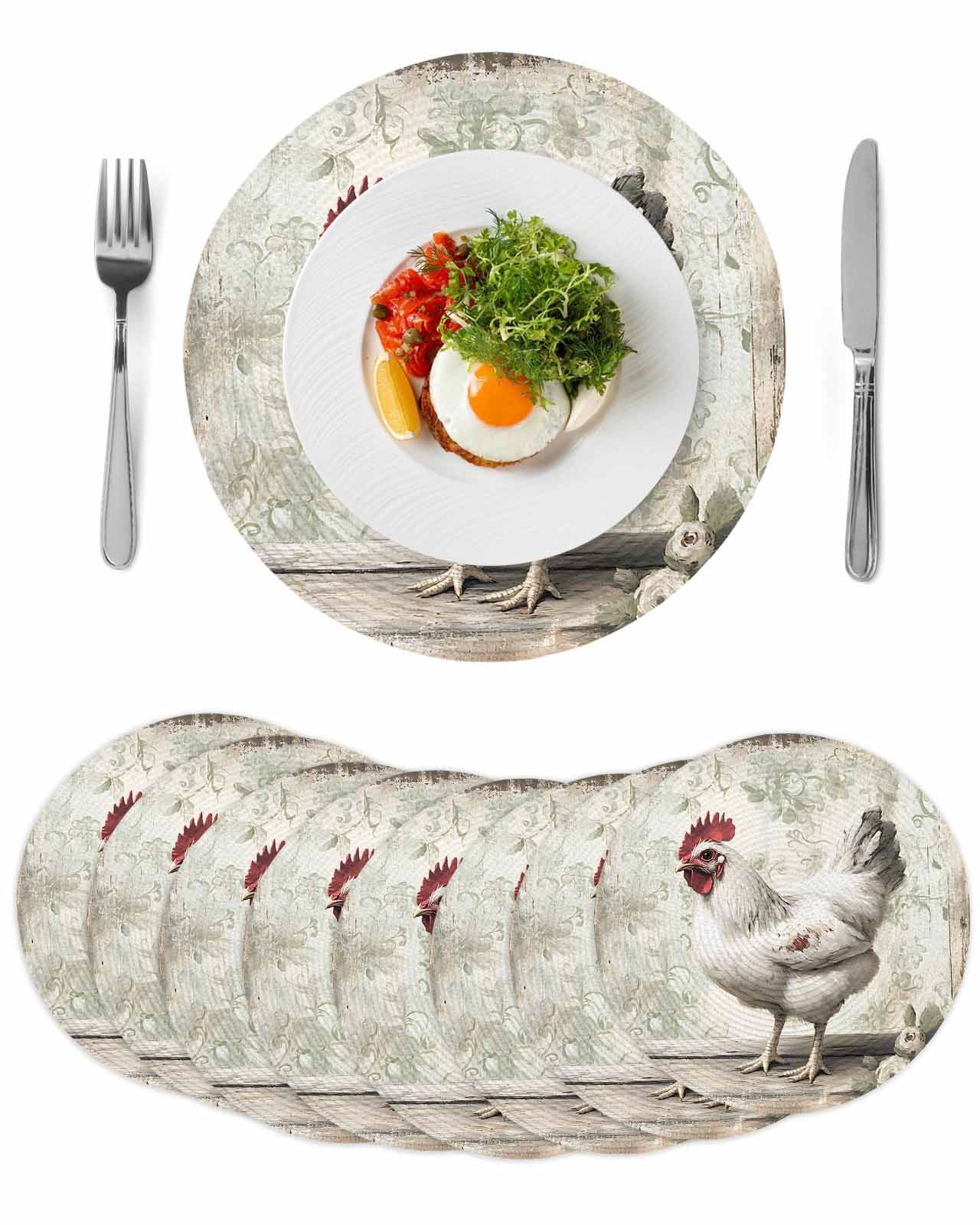 White Chicken Rustic Round 13 Inch Placemats Set of 8, Vintage Floral ...