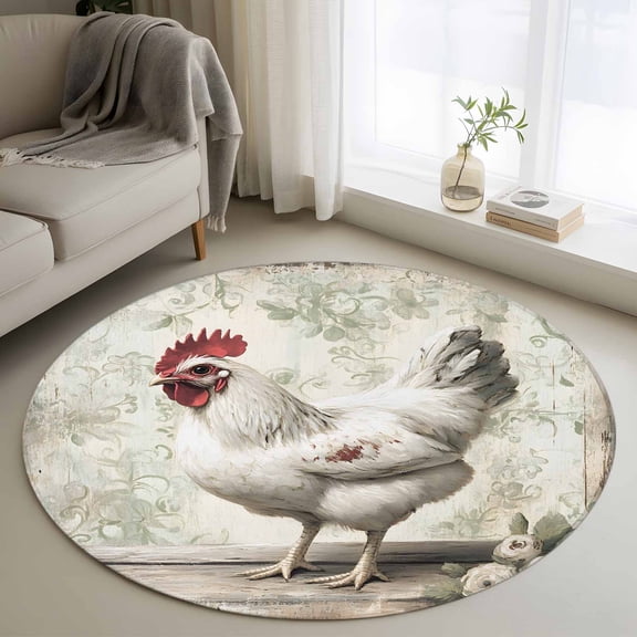White Chicken Rustic Round Area Rug 3 FT, Small Kitchen Bathroom Mat, Vintage Floral Oil Painting Washable Indoor Outdoor Throw Runner Carpet Non-Shedding Doormat for Table Shower Sofa Entryway