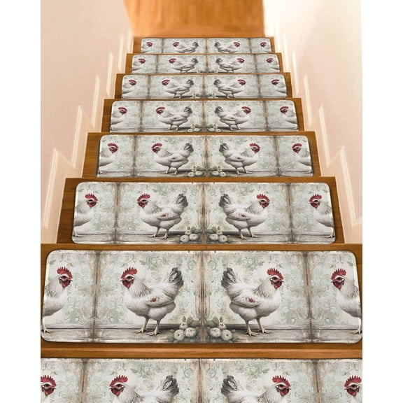 White Chicken Rustic Stair Treads for Wooden Steps Indoor Runner Rug Carpet, Vintage Floral Oil Painting 7 Pieces Peel and Stick Staircase Step Treads Covers Washable Throw Door Mats, 30"x8"