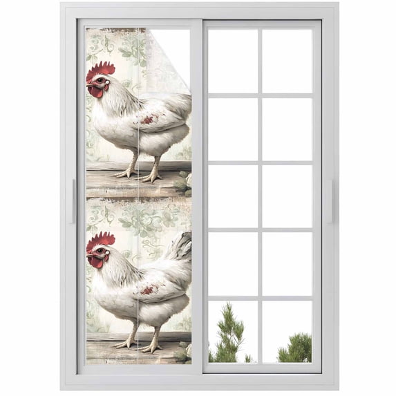 White Chicken Rustic Window Privacy Film, Vintage Floral Oil Painting Static Cling UV Sun Blocking Heat Control Window Tint Day and Night, Non-Adhesive One Way Windows Privacy Cover 17.7''x78.7''