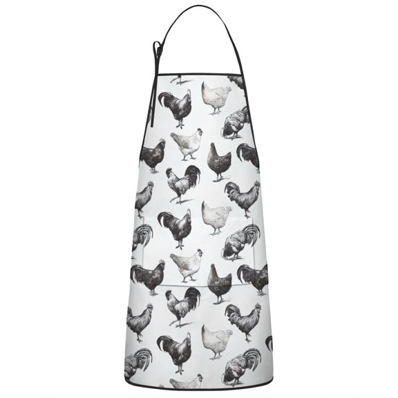 White Chicken Sketch Pattern Apron-Garden Aprons for Women with Pockets-Cotton Linen Waterproof Kitchen Cooking Gardening Aprons Adjustable for Kitchen,Cooking,BBQ and Salon 33x27 Inch