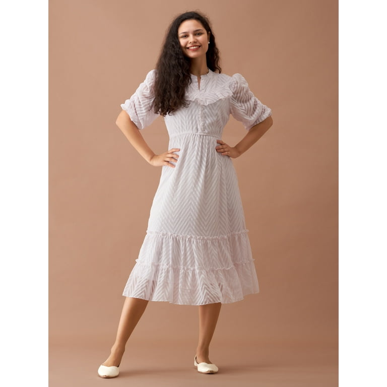 White Chiffon Brasso Swiss Dot High Neck Dress