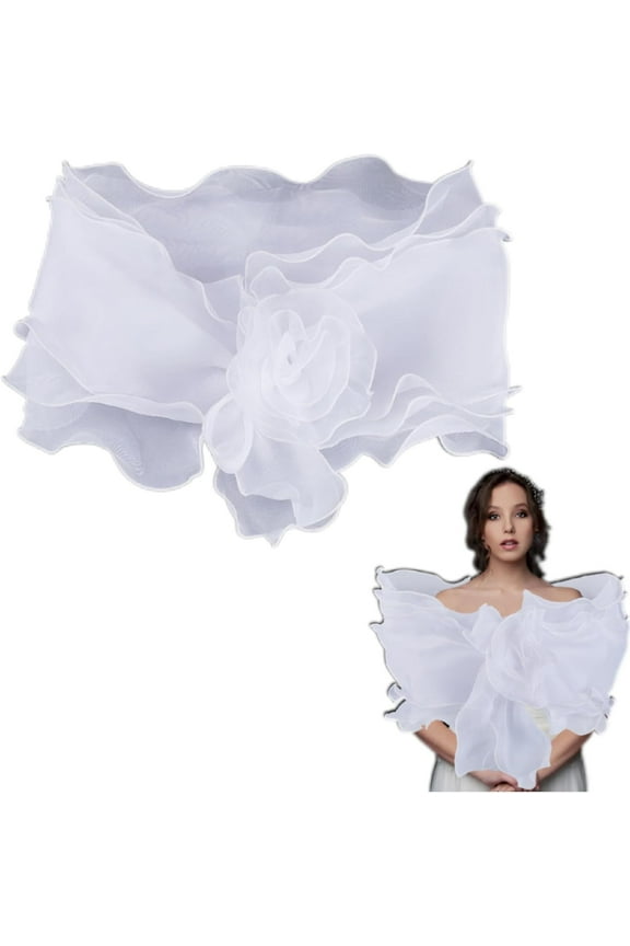 White Chiffon Shawl Wrap Ruffle Trimming Vintage Sheer Silk Fabric Cape Pleated Wave Floral Edging Detachable Soft Collar
