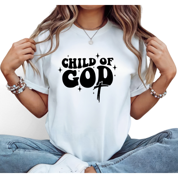White Child of God Print Tshirt Graphic Tees Shirts Trendy Black Star Art Religious Spiritual Gathering Loose Fit Outfit Tops S-5XL