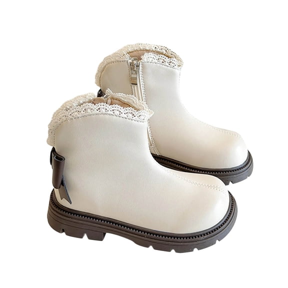 White Childrens Synthetic Leather Footwear With Durable Rubber Outsole, Perfect For Outdoor Explorations And Winter Use