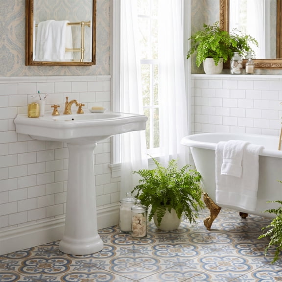 White China Pedestal Sink Widespread Faucet Bathroom Sink Tap Holes with Overflow| Renovators Supply