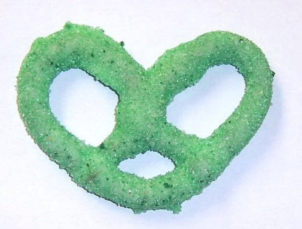 White Chocolate Covered Pretzels with Green Lite Green Sugar in a 1