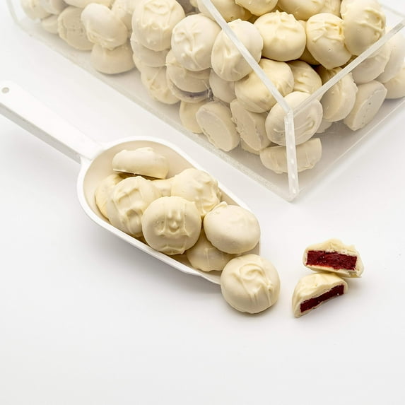 White Chocolate Covered Red Velvet Cake Bites – Decadent Red Velvet Cake Centers Dipped in Creamy White Chocolate – Perfect for Parties, Gifting & Dessert Tables – Available in 8 oz