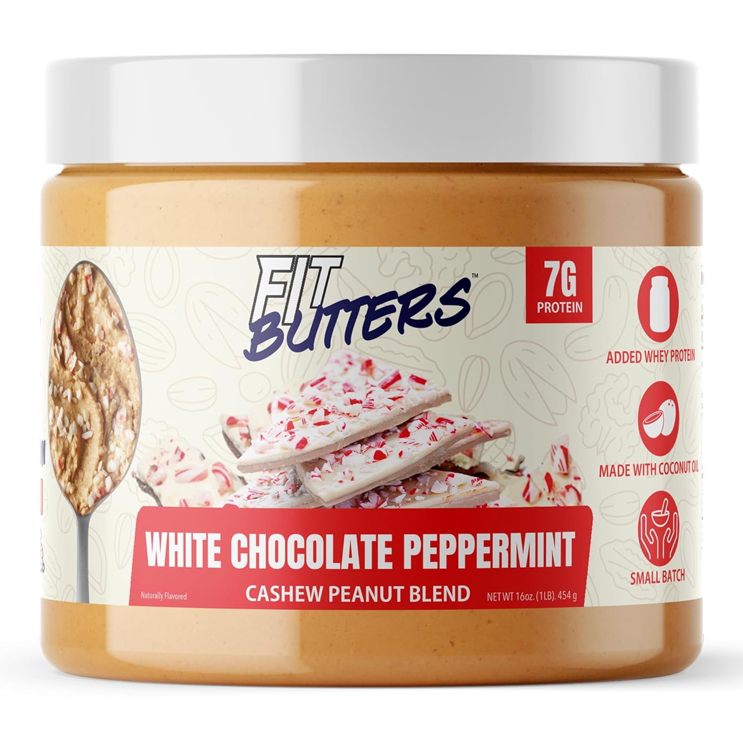 White Chocolate Peppermint Cashew Butter Spread, Added Protein Coconut