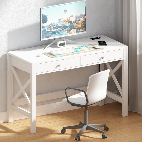 White ChooChoo 39.4 Inches Farmhouse Computer Desk with 2 Drawers