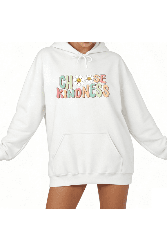 White Choose Kindness Smiley Daisy Print Hoodie Print Sweatshirt Graphic Sweatshirt Daily Positive Wear S 2XL Tops