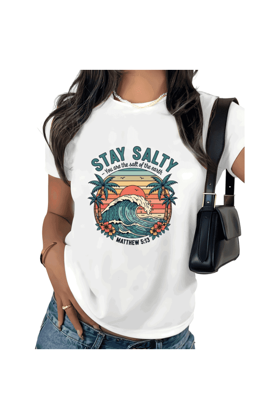 White Christian Beach Wave Palm Tree Print Tshirt Graphic Tees Faith Bible Verse Graphic Shirts Women Casual Short Sleeve Summer Size S 5XL Tops
