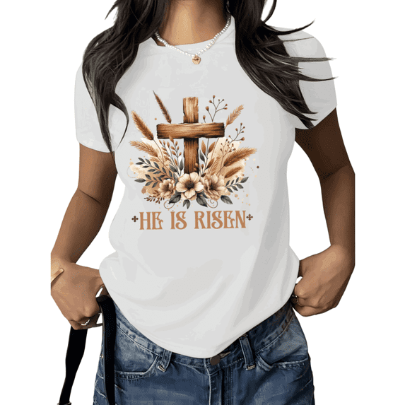 White Christian Easter Cross Print Tshirt Graphic Tees He Is Risen Faith Easter Jesus Shirts Church Gift S to 5XL Tops