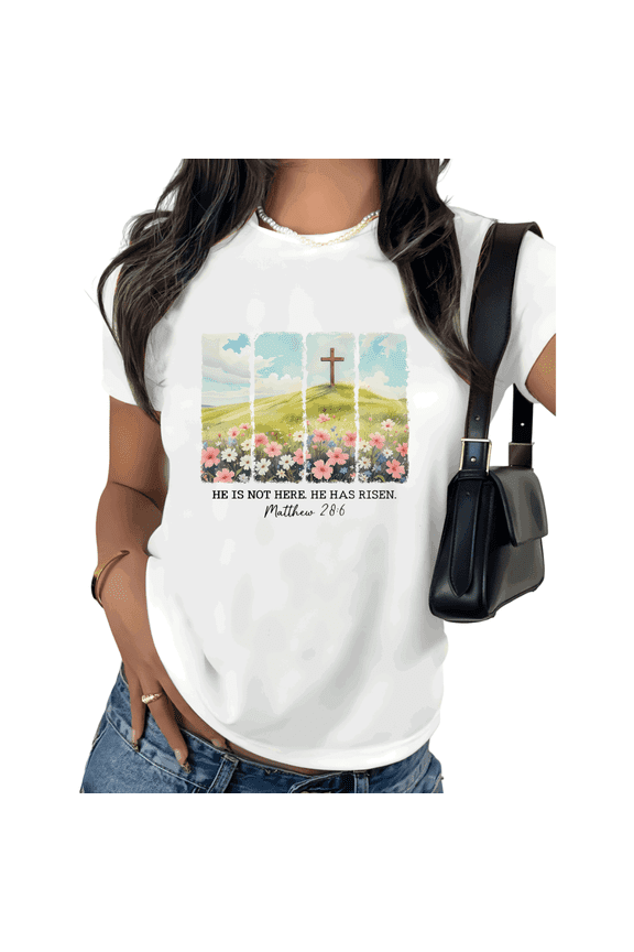 White Christian Easter Matthew 28 6 He Is Not Here He Has Risen Cross Print Tshirt Graphic Tees Religious Faith Shirts S to 5XL Tops