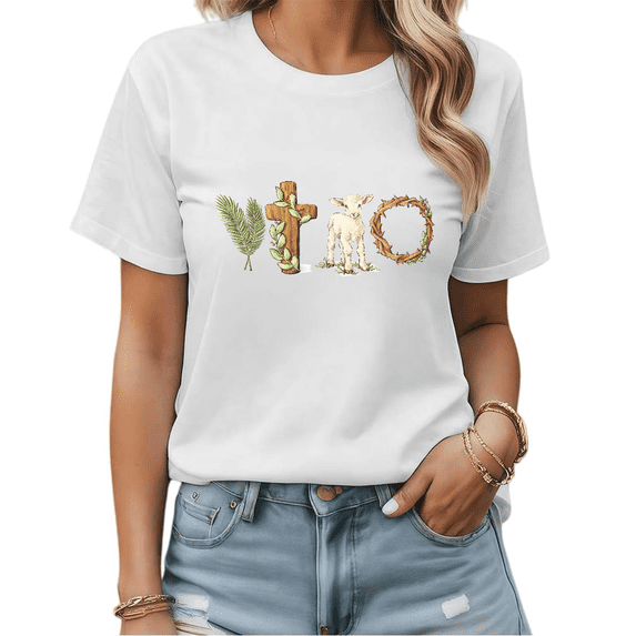 White Christian Lamb Crown Of Thorns Print T-Shirt Graphic Tees Shirts Easter Gift S-5XL Tops