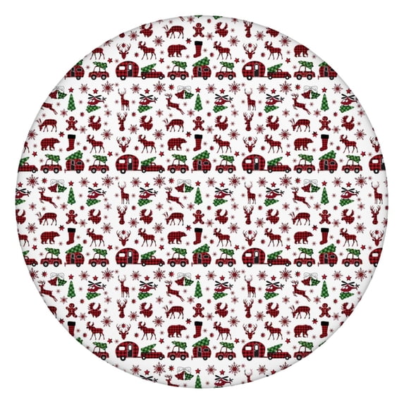 White Christmas Animal and Car Pattern Round Fitted Tablecloth with Elastic Edge,Dining Table Cover Waterproof,Outdoor Round Tablecloth for Camping,Dining,Indoor and Outdoor