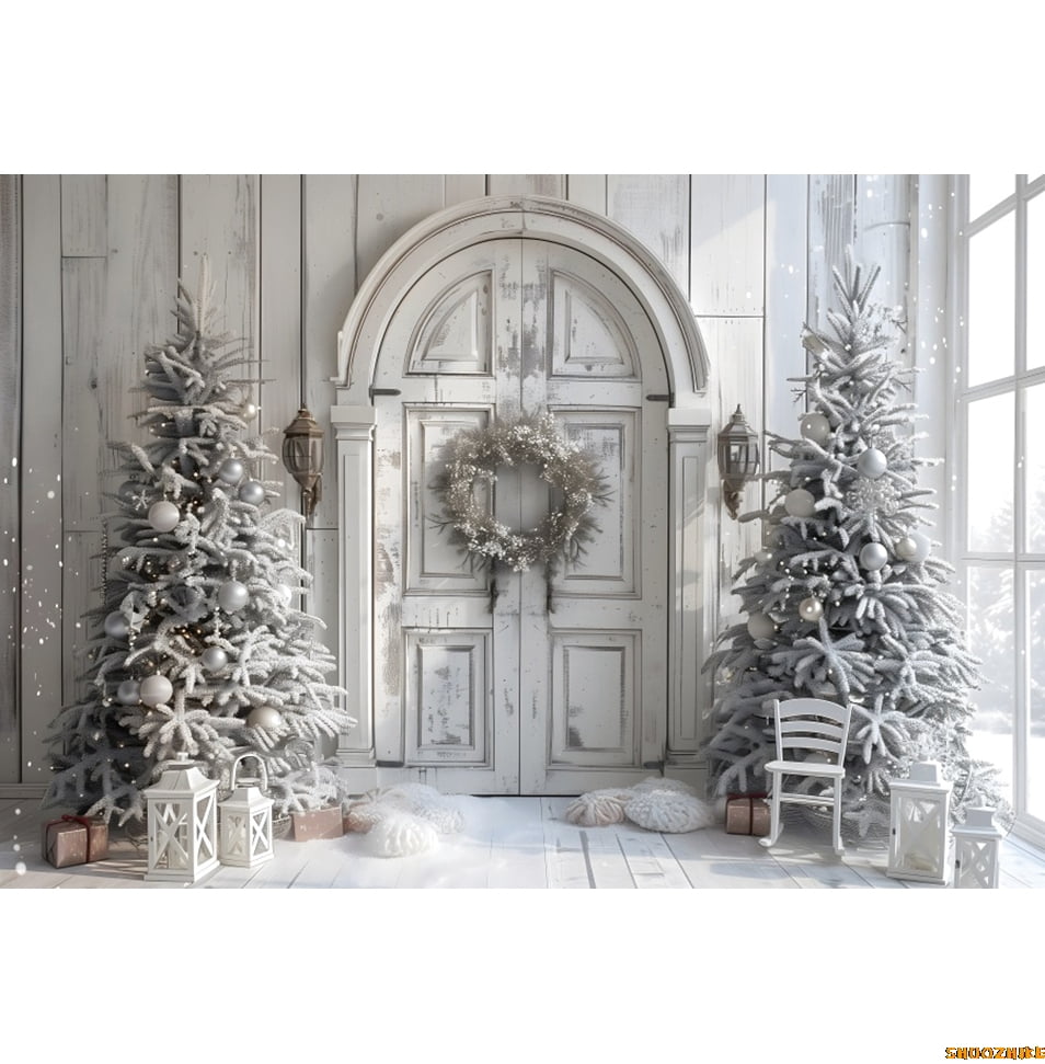 10x8ft Christmas Photo Backdrop – White Tree With Gifts & Fireplace Scene For Holiday Parties & Photography