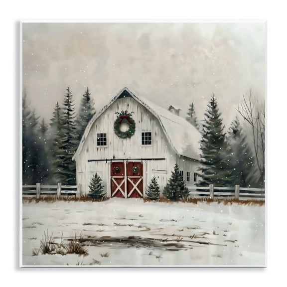 Stupell Industries White Christmas Barn with Wreat Wall Plaque Art, design by Creative Studio, 12 x 12