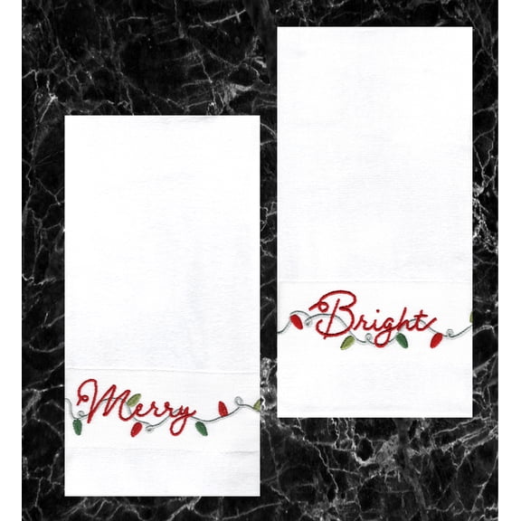 White Christmas Bath Hand Towels, Embroidery Merry Bright, 2 Piece, St Nicholas Square