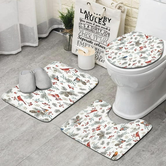 White Christmas Bird and Pine Pattern Bathroom Rugs Sets 3 Piece,Toilet Cover Set,Absorbent Non Slip Bathroom Mats Sets with U-Shaped Contour Rug Toilet Rug Set