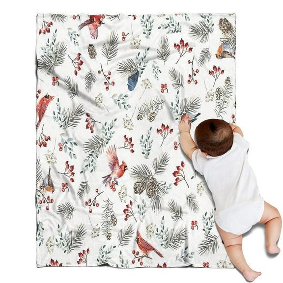 White Christmas Bird and Pine Pattern Blanket,Comfortable Soft Flannel Throw Blanket,All Season,Warm Lightweight Blankets for Sofa Bed Couch Living Room Chair,30"x40"