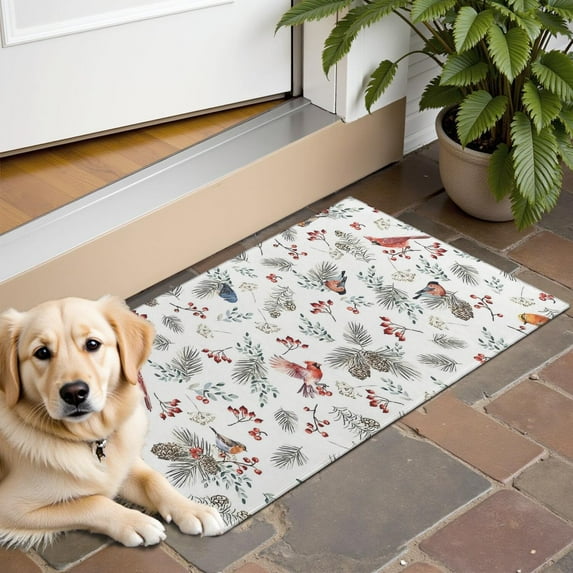 White Christmas Bird and Pine Pattern Door Rugs,Washable Non Slip Door Mats Indoor,Decorative Door Mats,Entry Mat Indoor for Entrance,Bedroom,Kitchen,Bathroom,16"x24"