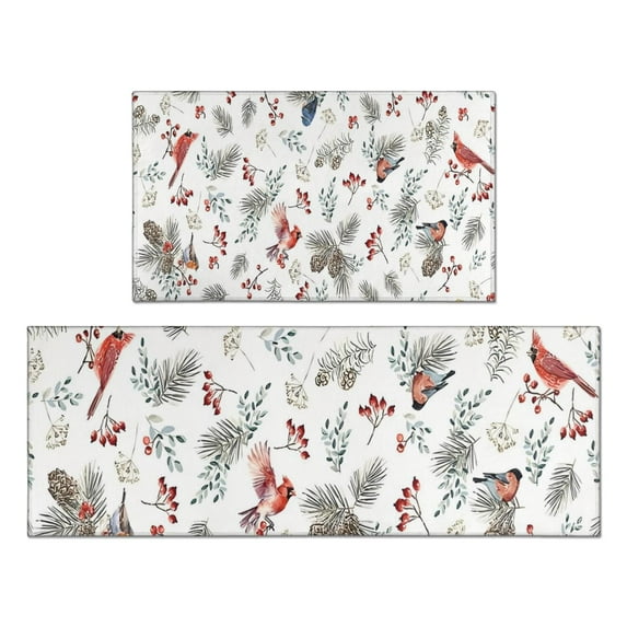 White Christmas Bird and Pine Pattern Kitchen Rugs Sets Of 2,Anti Fatigue Kitchen Mat Rugs Non Slip Washable,Decorative Kitchen Floor Mats for Kitchen,Sink,Laundry,17"x30"+17"x47"