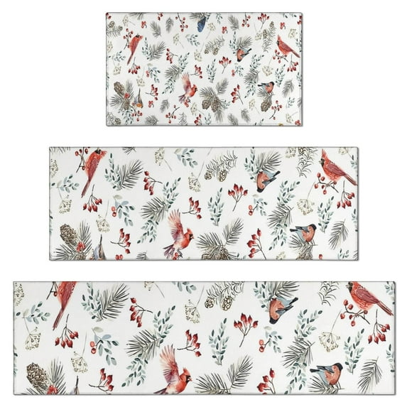 White Christmas Bird and Pine Pattern Kitchen Rugs Sets Of 3,Kitchen Runner Rugs Non Skid Washable,Decorative Kitchen Floor Mats for Kitchen,Sink,Laundry,17"x30"+ 17"x47" + 17"x59"